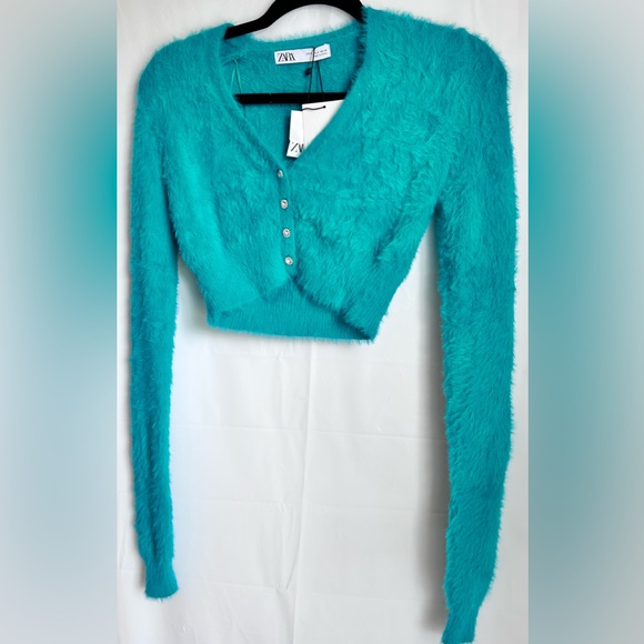 NWT ZARA Faux Fur Crop Sweater Cardigan- Teal - Picture 3 of 11